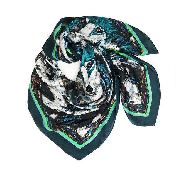 Wolves Green Silk Scarf 136x136cm