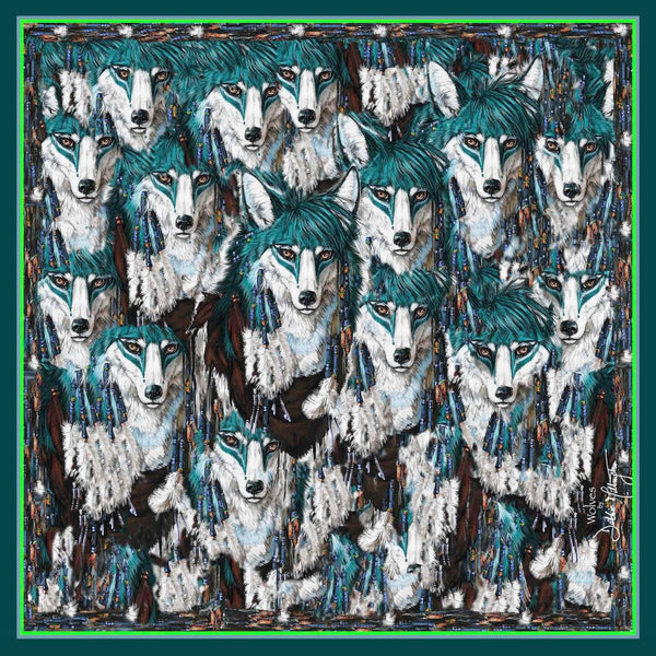 Wolves Green Silk Scarf 136x136cm
