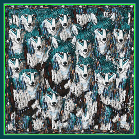 Wolves Green Silk Scarf 136x136cm