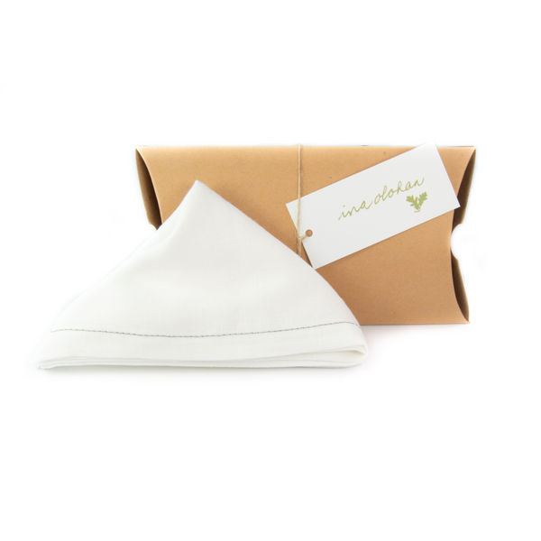 Irish linen White Pocket Square w. Black Stitching