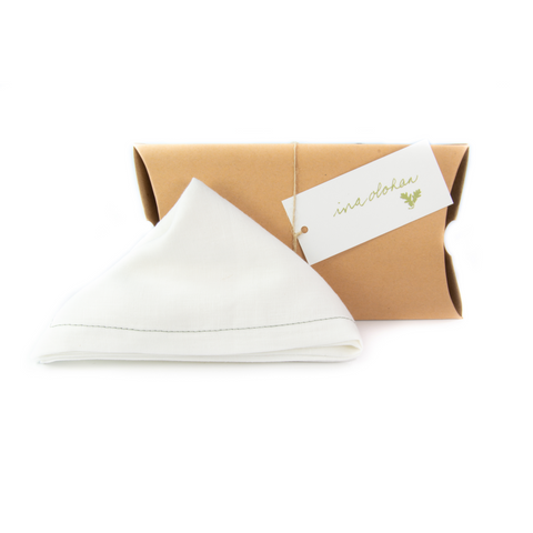 Irish linen White Pocket Square w. Black Stitching