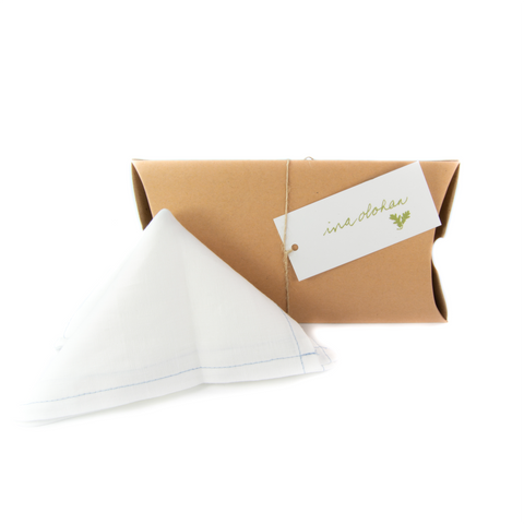 Irish linen White Pocket Square w. Blue Stitching