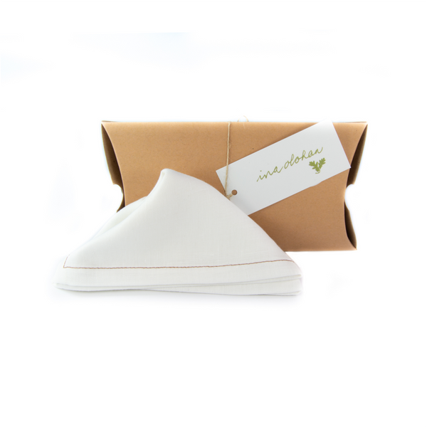 Irish linen White Pocket Square w. Brown Stitching