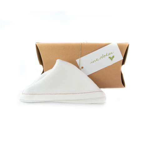 Irish linen White Pocket Square w. Brown Stitching