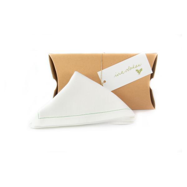 Irish linen White Pocket Square w. Green Stitching