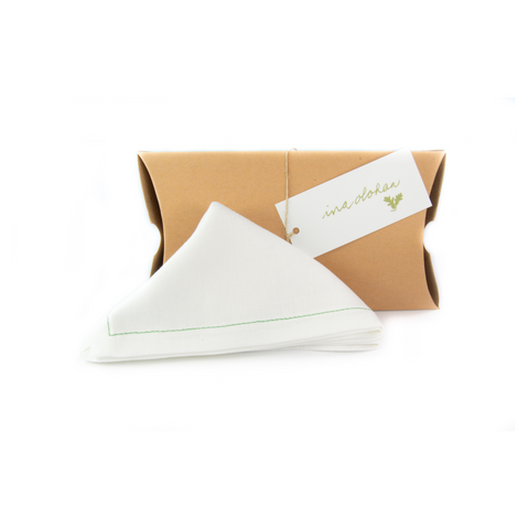Irish linen White Pocket Square w. Green Stitching