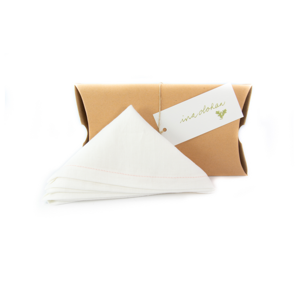 Irish linen White Pocket Square w. Pink Stitching