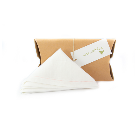 Irish linen White Pocket Square w. Pink Stitching