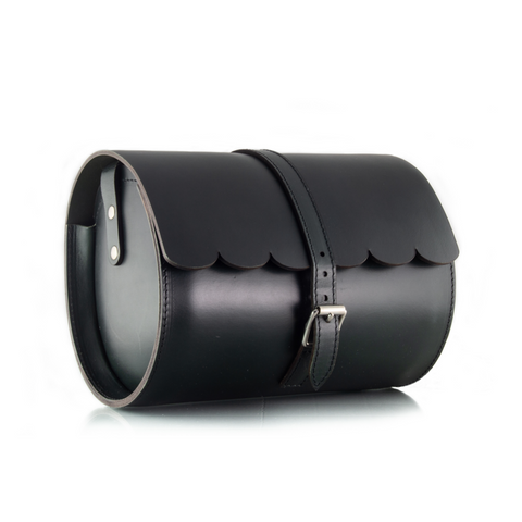 Scallop Black Leather Barrel Bag