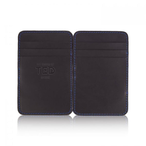 Magic Wallet Black Leather Wallet w. Blue Suede Lining