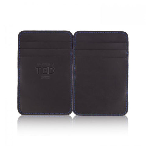 Magic Wallet Black Leather Wallet w. Blue Suede Lining