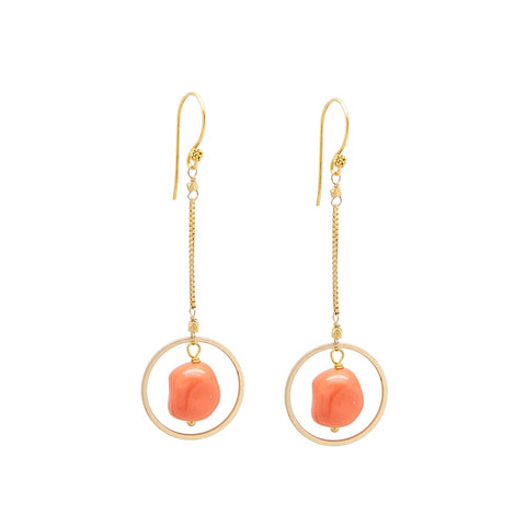 Nugget Gold-Plated Coral Chain Circle Drop Earrings