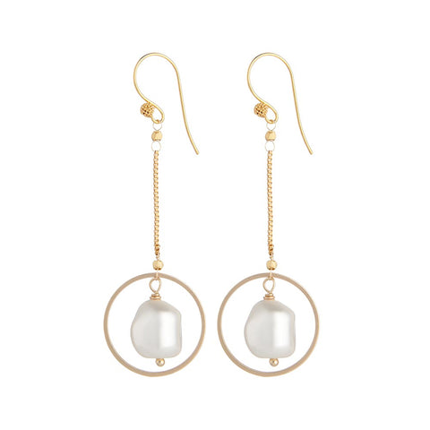 Nugget Gold-Plated Pearl Chain Circle Drop Earrings