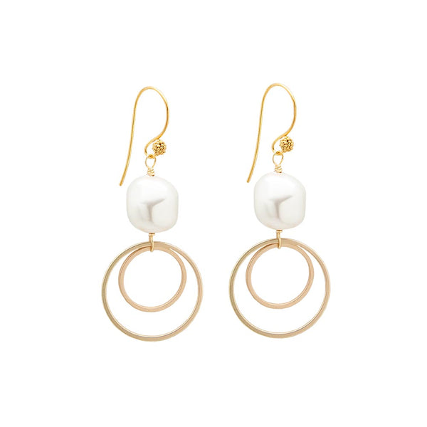 Nugget Gold-Plated Pearl Double Circle Drop Earrings