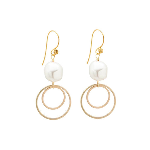 Nugget Gold-Plated Pearl Double Circle Drop Earrings