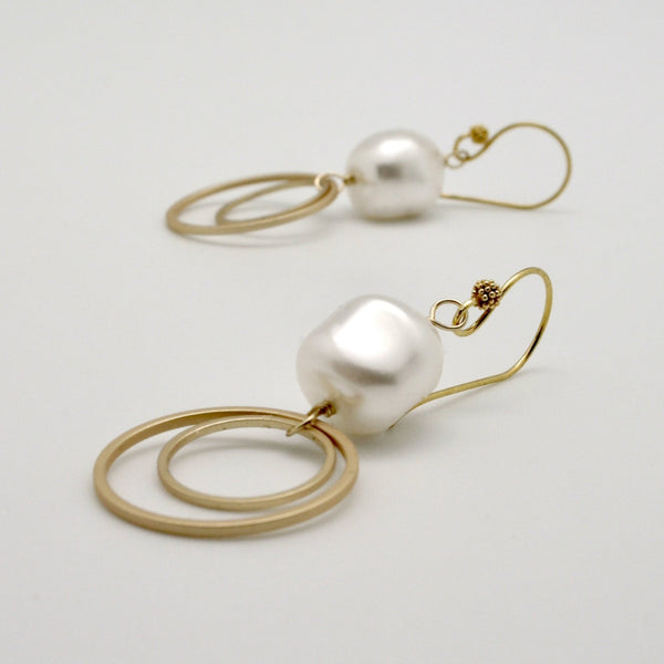 Nugget Gold-Plated Pearl Double Circle Drop Earrings