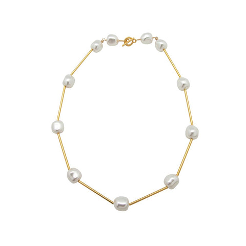 Nugget Gold-Plated Pearl Tube Collar Necklace