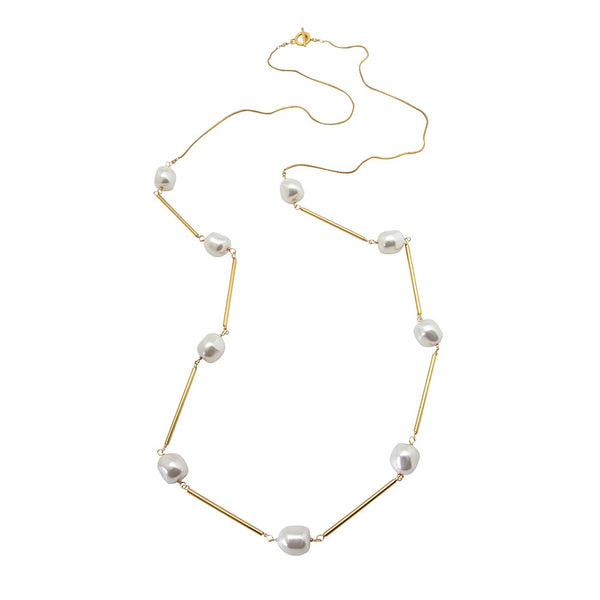 Nugget Gold-Plated Pearl Tube Necklace - Long