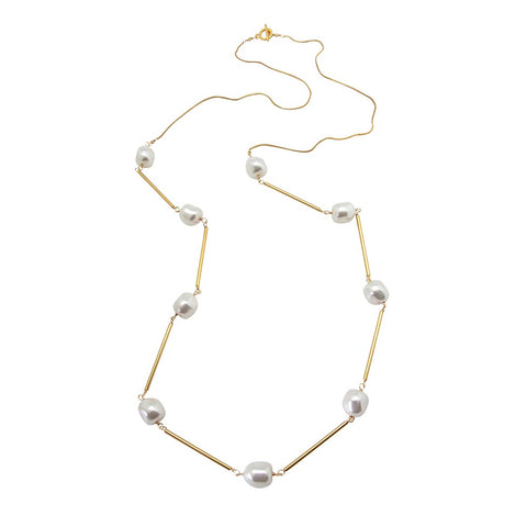 Nugget Gold-Plated Pearl Tube Necklace - Long